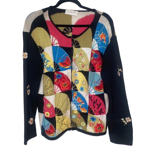 Susan Bristol Colorful Patchwork Cardigan Sweater W/ Embroidery Size M Full Zip - Picture 1 of 15